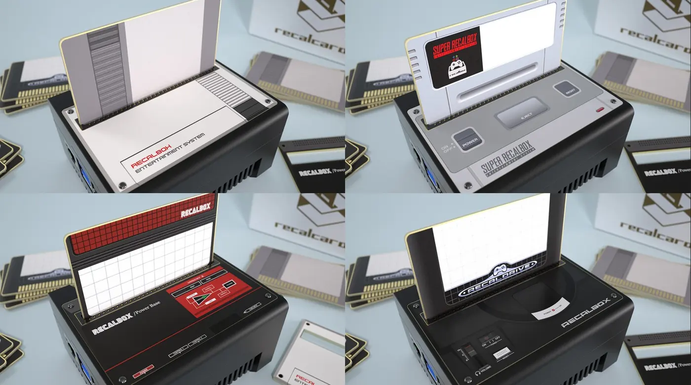 A RecalTower with its Card Reader, RecalCards, an RGB Dual 2 board and the RecalCards box
