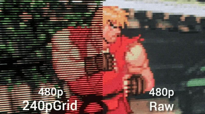 A fighting game in 480p: with 240pGrid on the left, raw on the right