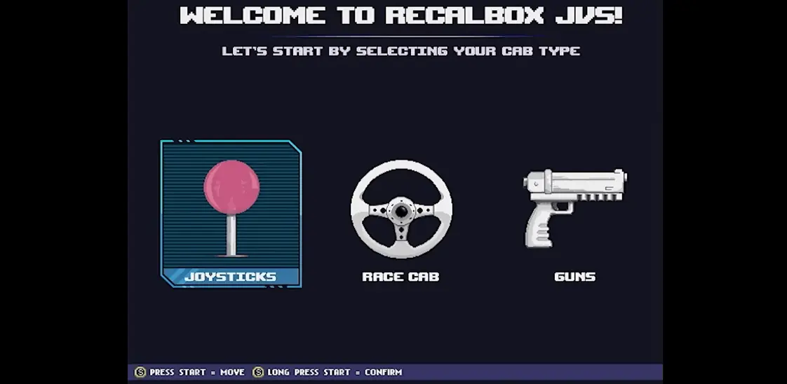 The first screen of the Recalbox JVS: choose your cabinet type, joysticks, race cab or guns