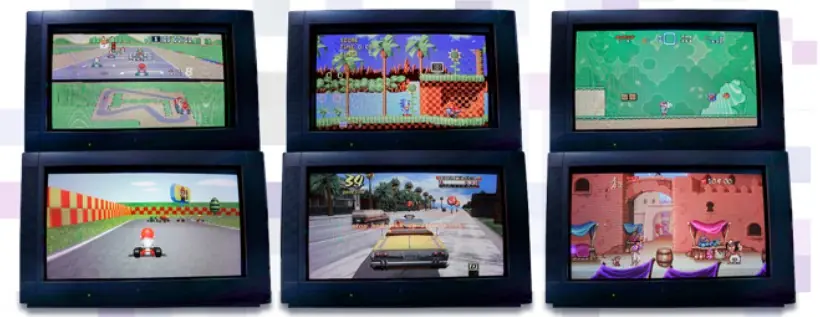 Six racing games shown in 16:9 on widescreen CRT TVs