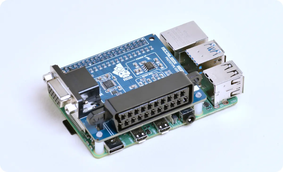 The Recalbox RGB Dual clipped onto a Raspberry Pi