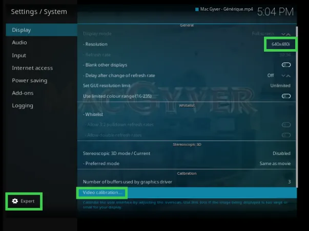The resolution setting of Kodi