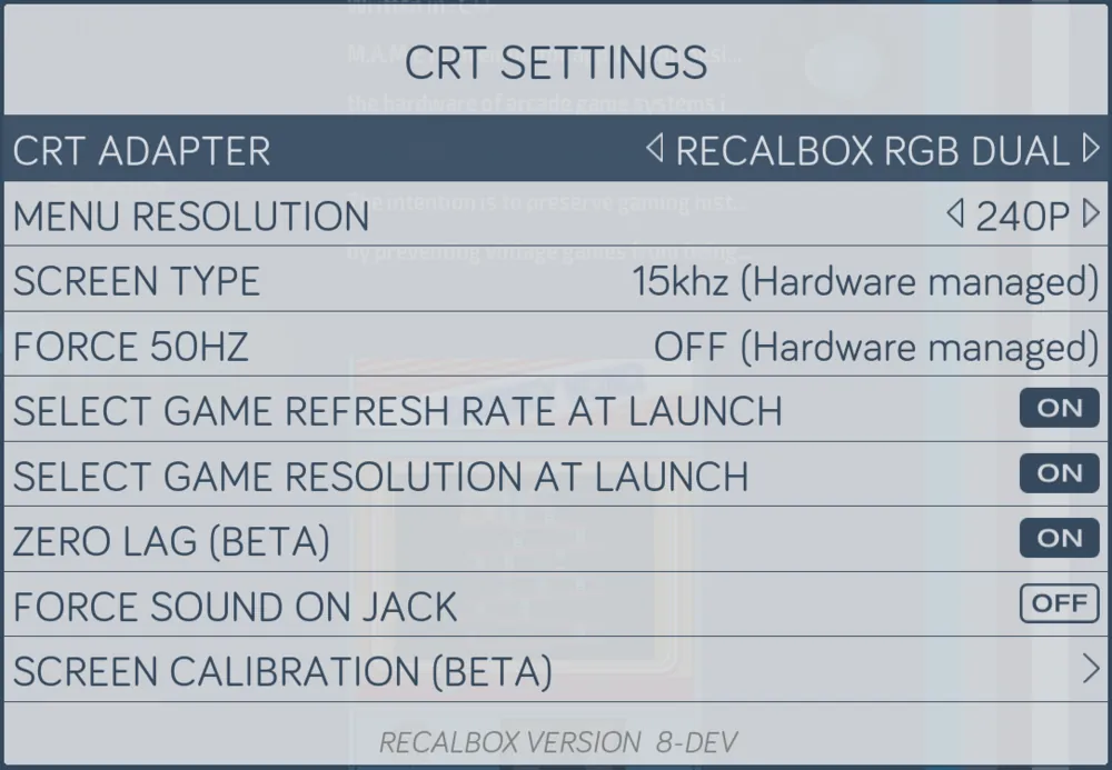 The CRT settings screen of Recalbox