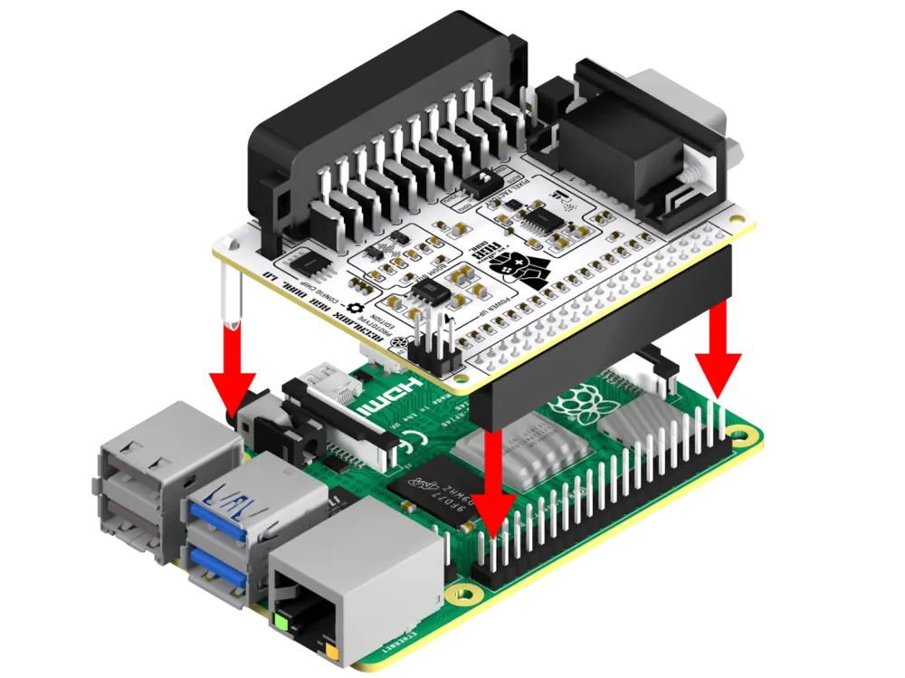 The board above the GPIO pins of a Raspberry Pi 4