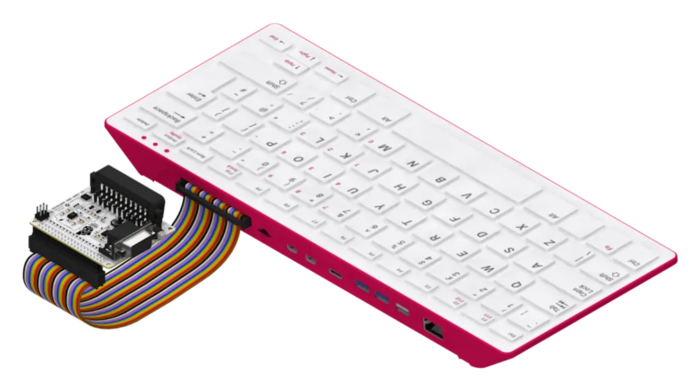 The board connected to a Raspberry Pi 400 through the extension cable