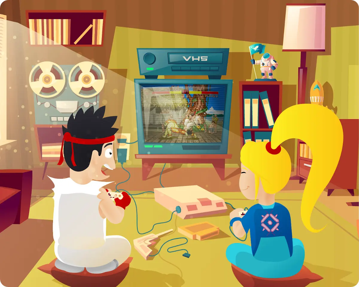 Two children playing in front of a CRT TV, in a drawing