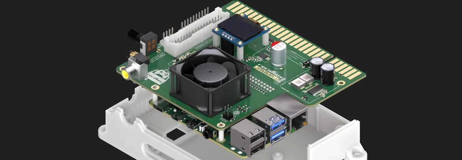 The RGB JAMMA 2 board and its Raspberry Pi 5, in the open case