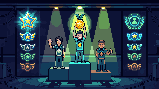 A podium with three players under spotlights, ranking badges behind them
