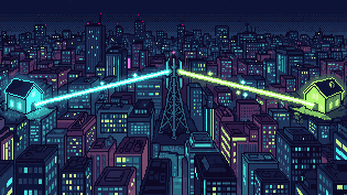 Two houses across a city, linked through a relay tower