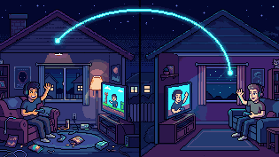 Two friends, each at home, playing together