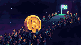 A crowd of players pushing a giant recoin up a hill