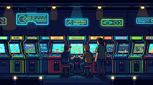 An arcade hall at night, two players on their stools and one watching