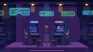 Two arcade cabinets on a lit stage, a trophy between them