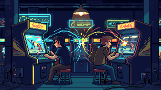 Two players face to face at their cabinets