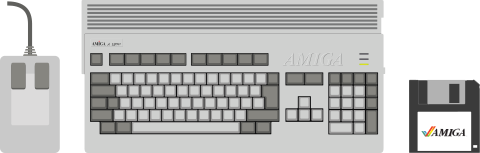An Amiga 1200, its mouse and a floppy disk